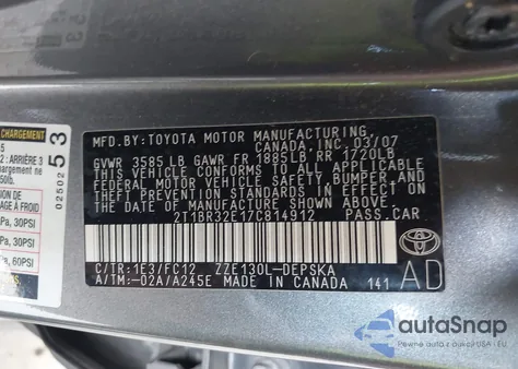 2007 Toyota Corolla S z USA, uszkodzony, nr VIN 2T1BR32E17C814912